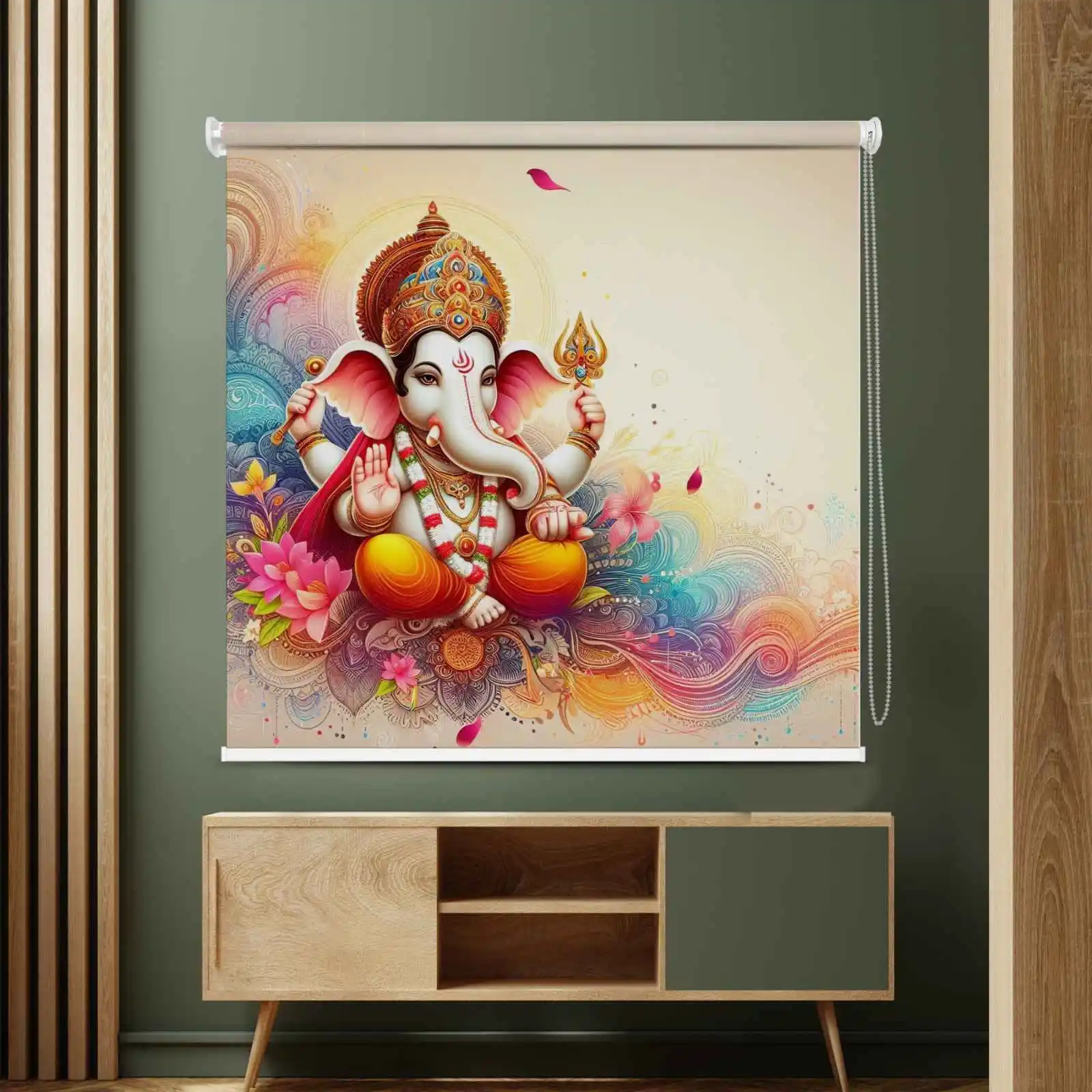 Colorful Ganesha Roller Mandir Blind with Lotus and Mandala Design