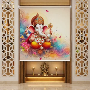 Colorful Ganesha Roller Mandir Blind with Lotus & Mandala Design
