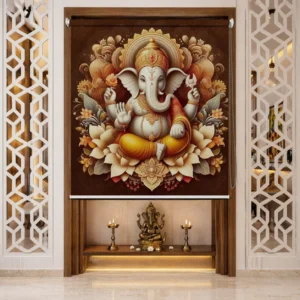Divine Lord Ganesha Roller Blind with Lotus Motif for Pooja Room & Mandir