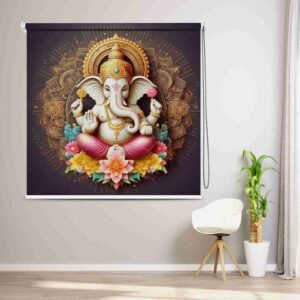Ganpati Roller Blind for Pooja Room and Mandir with Lotus and Golden Mandala Art