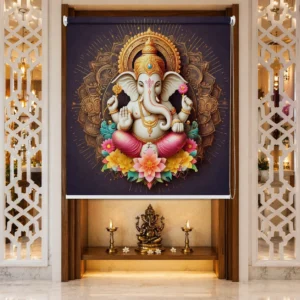 Ganpati Roller Blind for Pooja Room with Golden Mandala Art