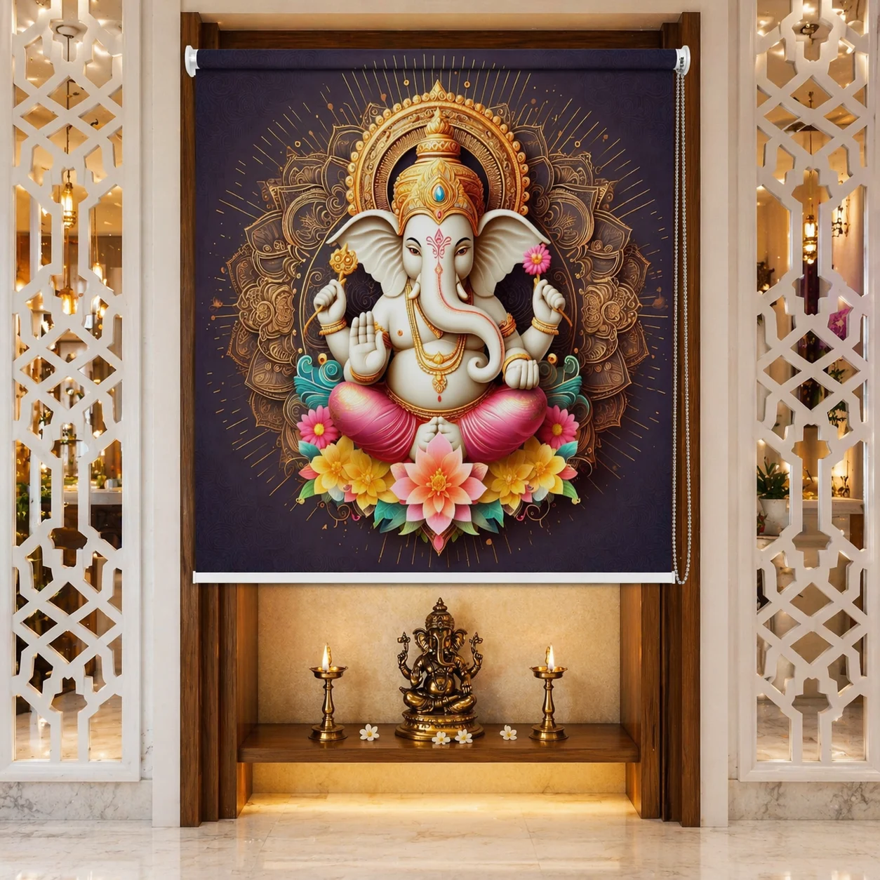 Ganpati Roller Blind for Pooja Room with Golden Mandala Art 1 Ganpati Roller Blind for Pooja Room with Golden Mandala Art