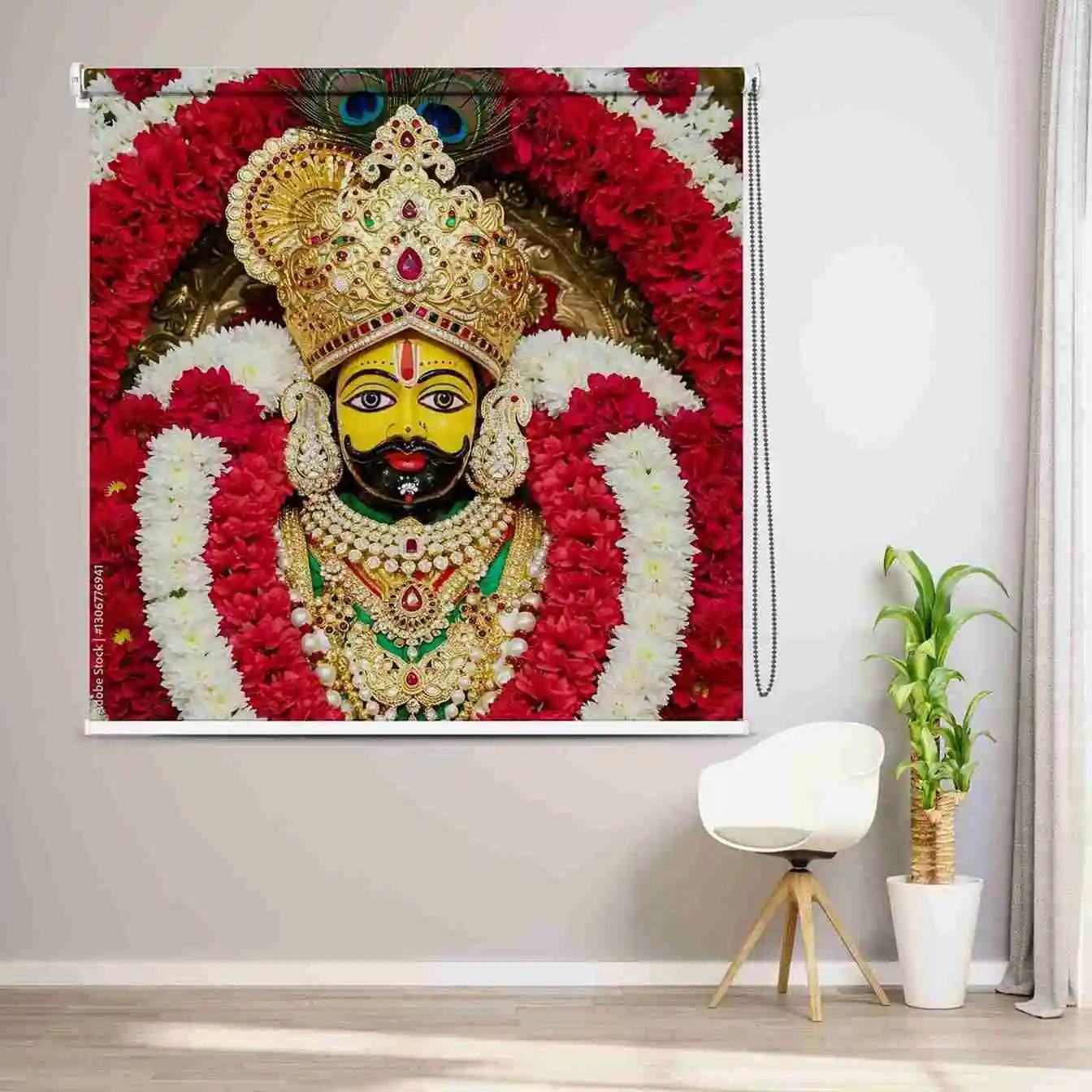 Khatu Shyam Ji Roller Blind with Floral Garland Design – Hindu Spiritual Window Shade for Mandir and Pooja Room