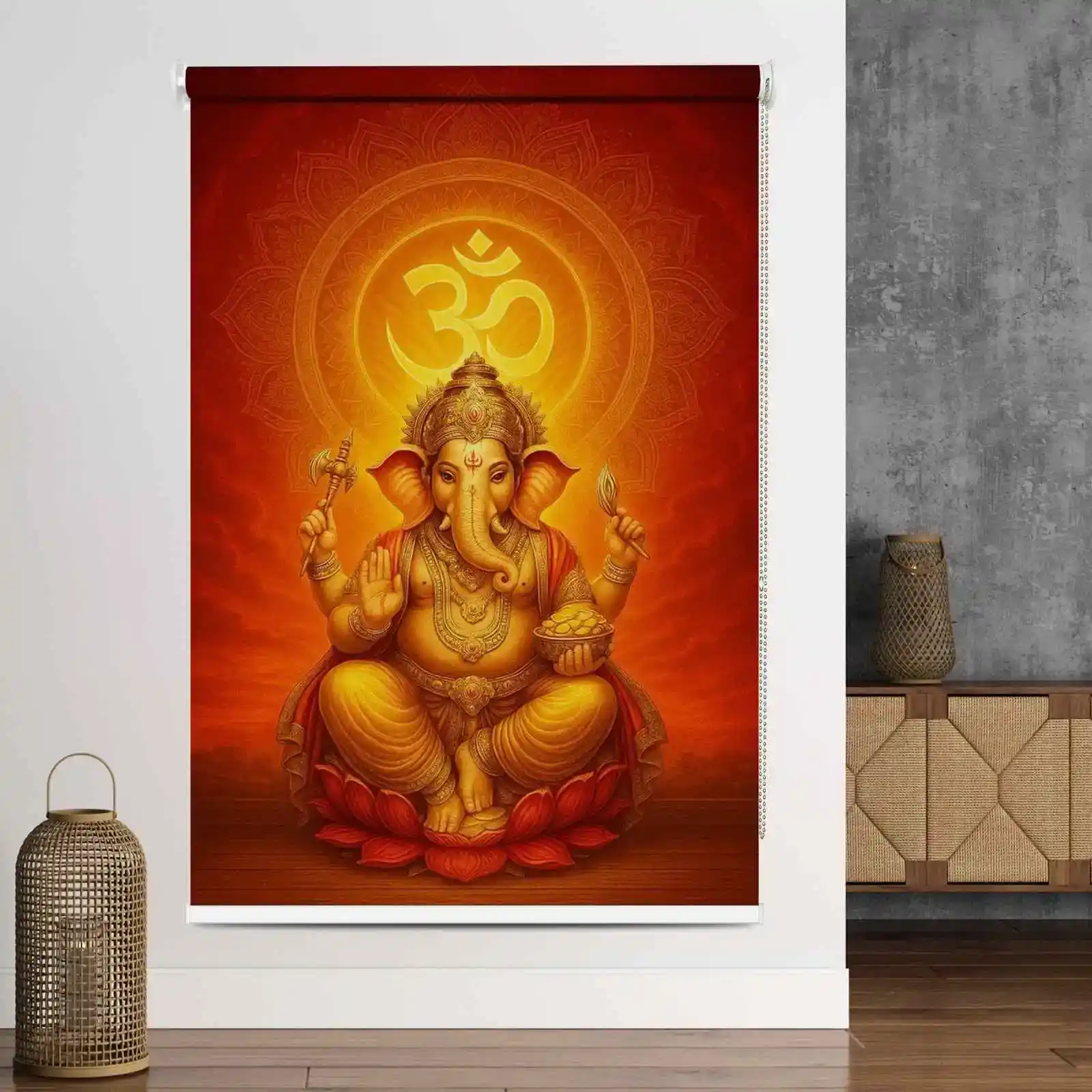 Lord Ganesha Roller Blind with Om Symbol – Spiritual Window Covering