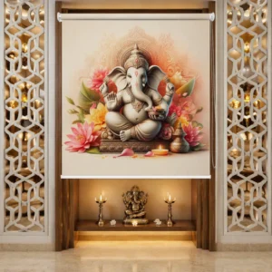 Lord Ganesha with Floral Design Roller Blind for Pooja Room Decor