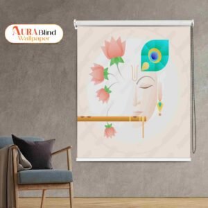 Abstract Krishna Ji Roller Blind for Pooja Room with flute, lotus flowers, and peacock feather design