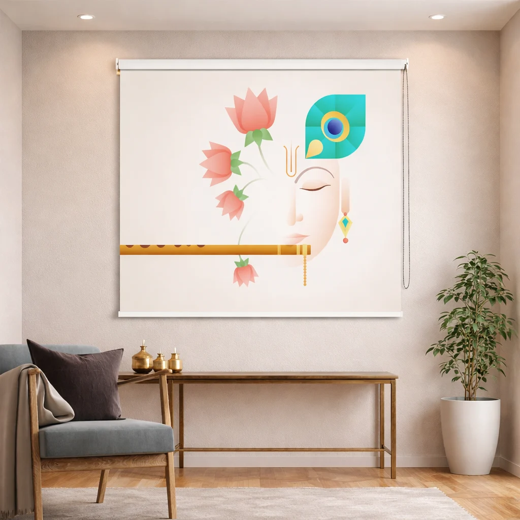 Abstract Krishna Ji Roller Blind for Pooja Room with Peacock Feather Design