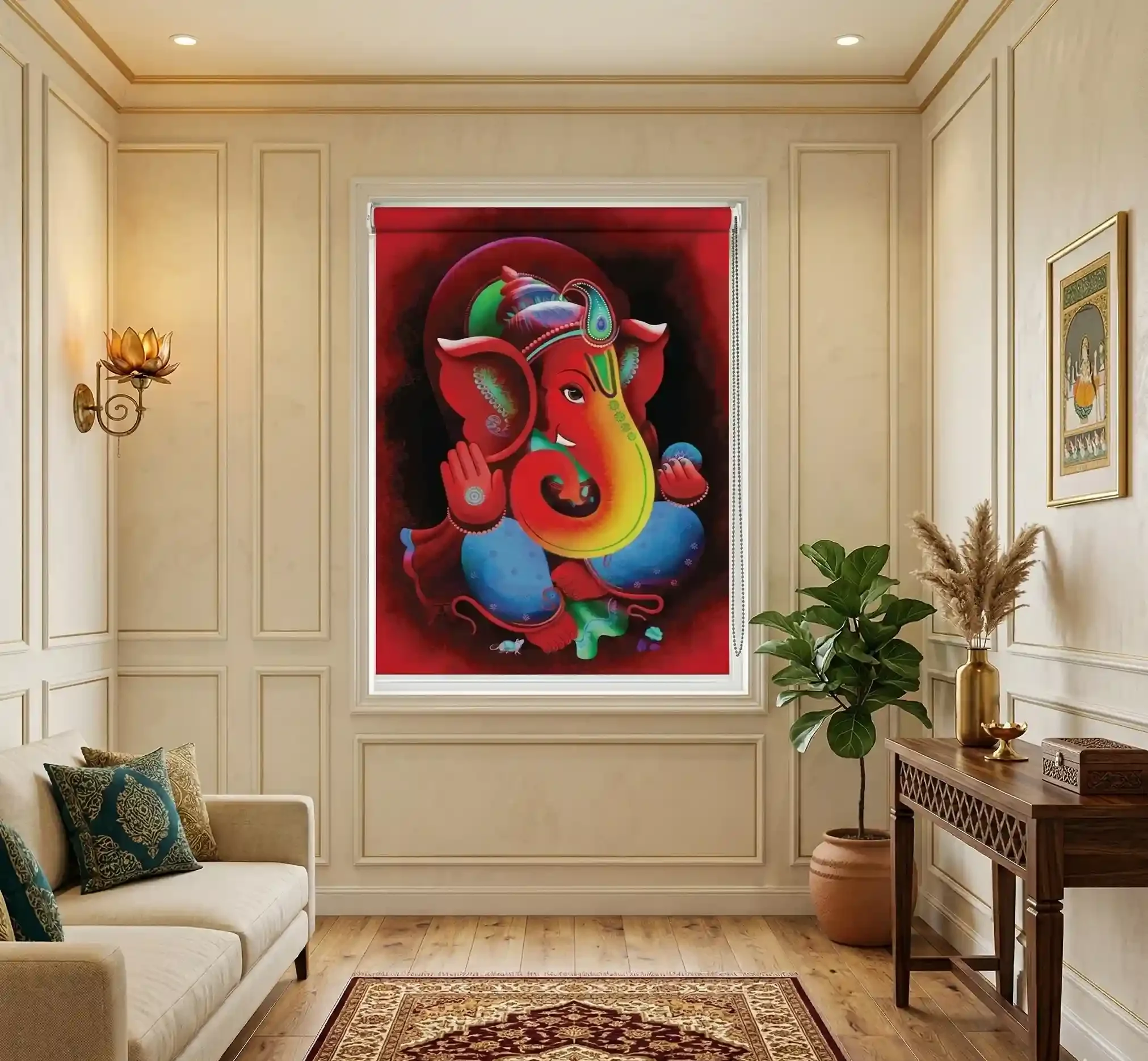Artistic Colorful Lord Ganesha Roller Blind for Pooja Room and Temple 1 Artistic Colorful Lord Ganesha Roller Blind for Pooja Room and Temple