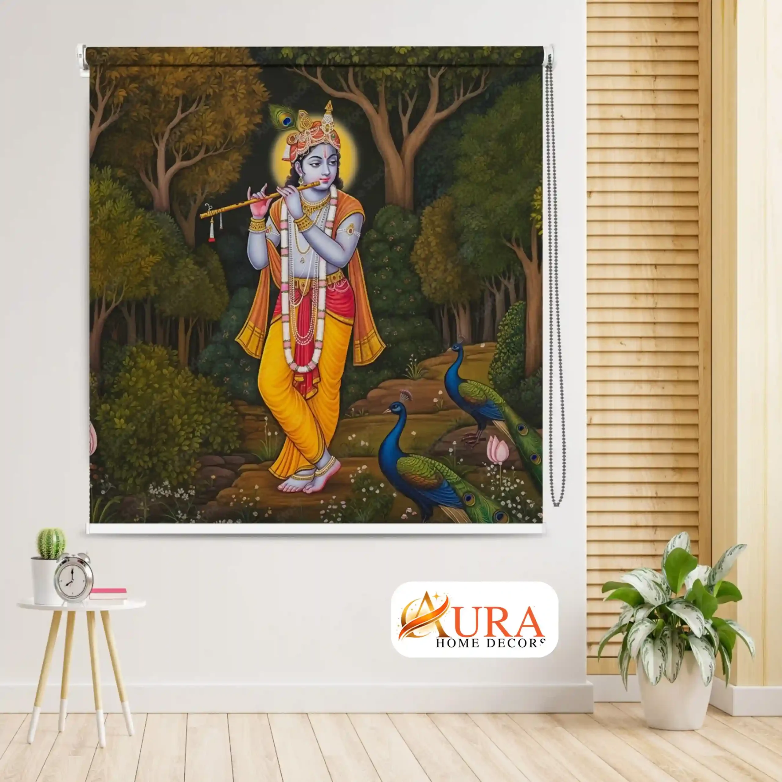 Bhagwan Krishna with Peacocks Roller Blind for Temple and Prayer Room 1 Bhagwan Krishna with Peacocks Roller Blind for Temple and Prayer Room