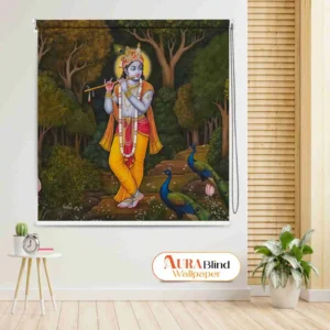 Bhagwan Krishna with Peacocks Roller Blind for Temple and Prayer Room