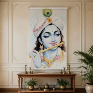Bhagwan Krishna with White Turban & Flute Roller Blind for Pooja Room