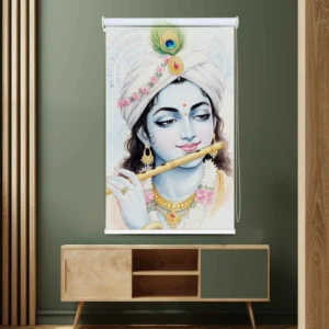Elegant lord Krishna Roller Blind with white turban, flute & peacock feather perfect Roller Blind for pooja rooms, mandirs, meditation & home décor