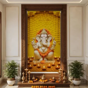 Blessings of Lord Ganesha Temple Roller Blind with Diyas & Marigold