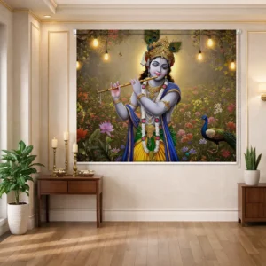 Customized Lord Krishna with Flute & Peacock Roller Blinds for Pooja Room