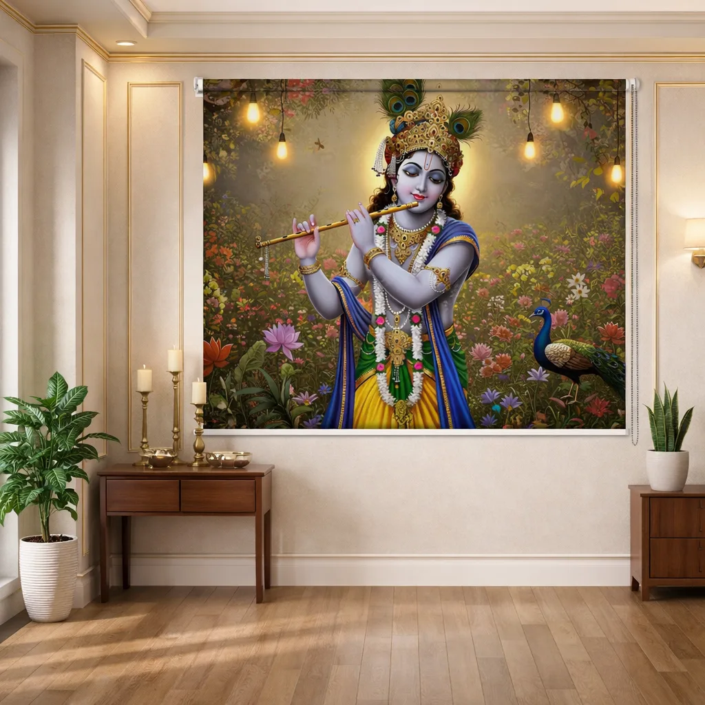 Customized Lord Krishna with Flute & Peacock Roller Blinds for Pooja Room