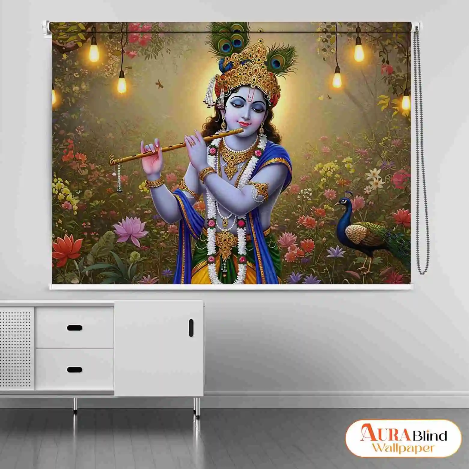 A customized vibrant Lord Krishna with Flute & Peacock Pooja Room Roller Blinds in an enchanted floral garden, featuring a peacock and warm hanging lights installed above a white cabinet.