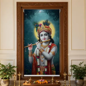 Cute Bal Krishna Preyer Room Roller Blind with Flute and Peacock Feathers