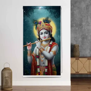Cute Bal Krishna Preyer Room Roller Blind with Flute and Peacock Feathers