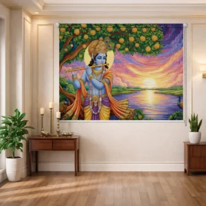 Decorate Lord Krishna Pooja Room Roller Blind with Sunset River View