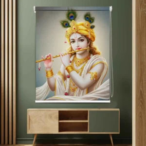 Krishna Playing Flute Roller Blind with golden crown and peacock feathers, perfect blind for pooja room and home decor