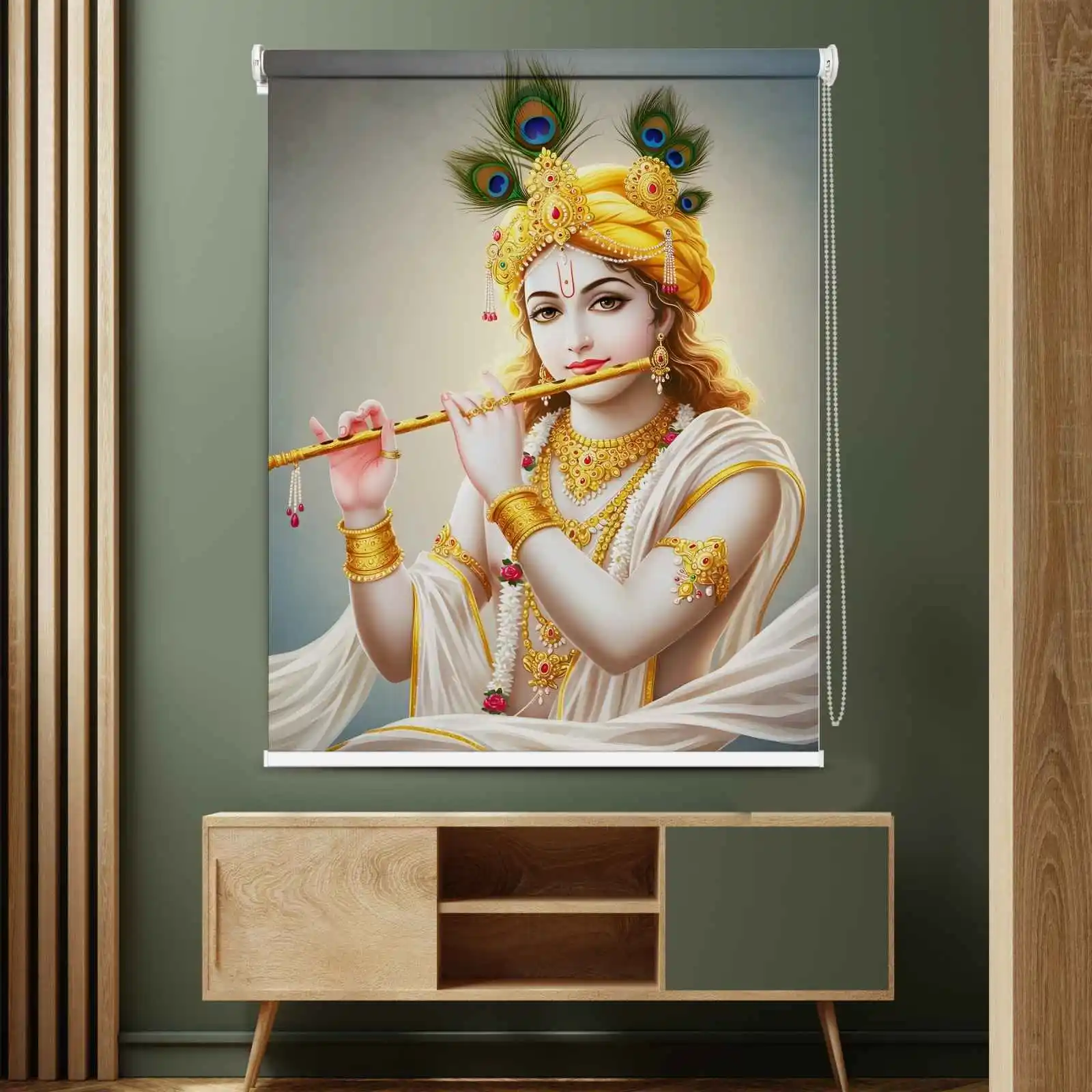 Krishna Playing Flute Roller Blind with golden crown and peacock feathers, perfect blind for pooja room and home decor