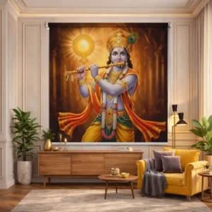 Divine Lord Krishna Ji Golden Aura Flute Design Roller Blinds for Pooja Room