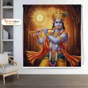 Divine Lord Krishna Ji Golden Aura, Flute, and chakr Design Roller Blinds for Pooja Room Decor