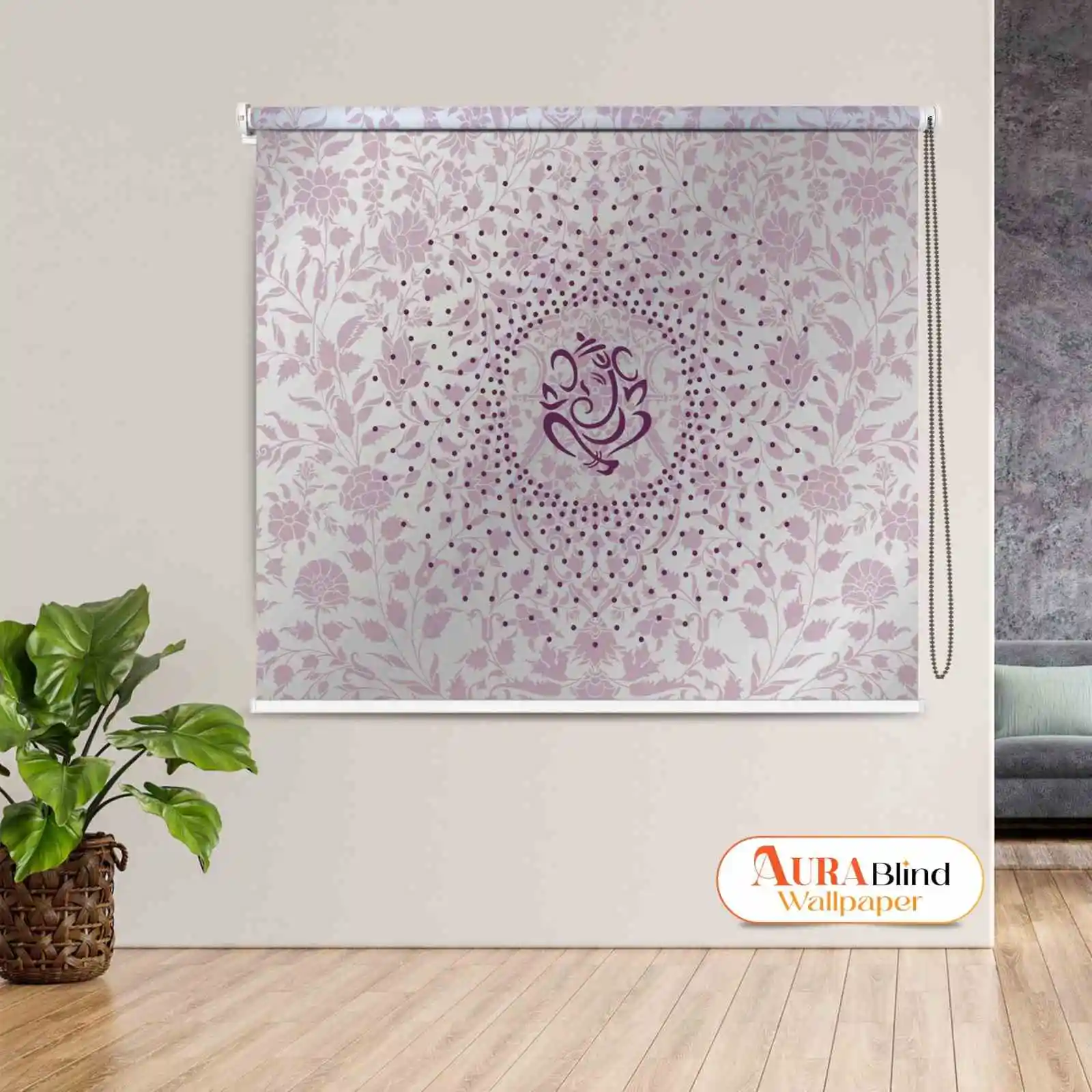 Elegant floral Lord Ganesha roller blind in lavender design for puja room Decor, Temple home, and meditation areas