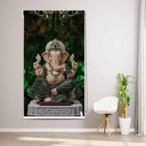 Ganesh Roller Blind with green jewel design for temple and decorative home interiors