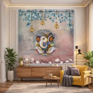 Elegant Ganesha Temple Roller Blind with Lotus & Bells