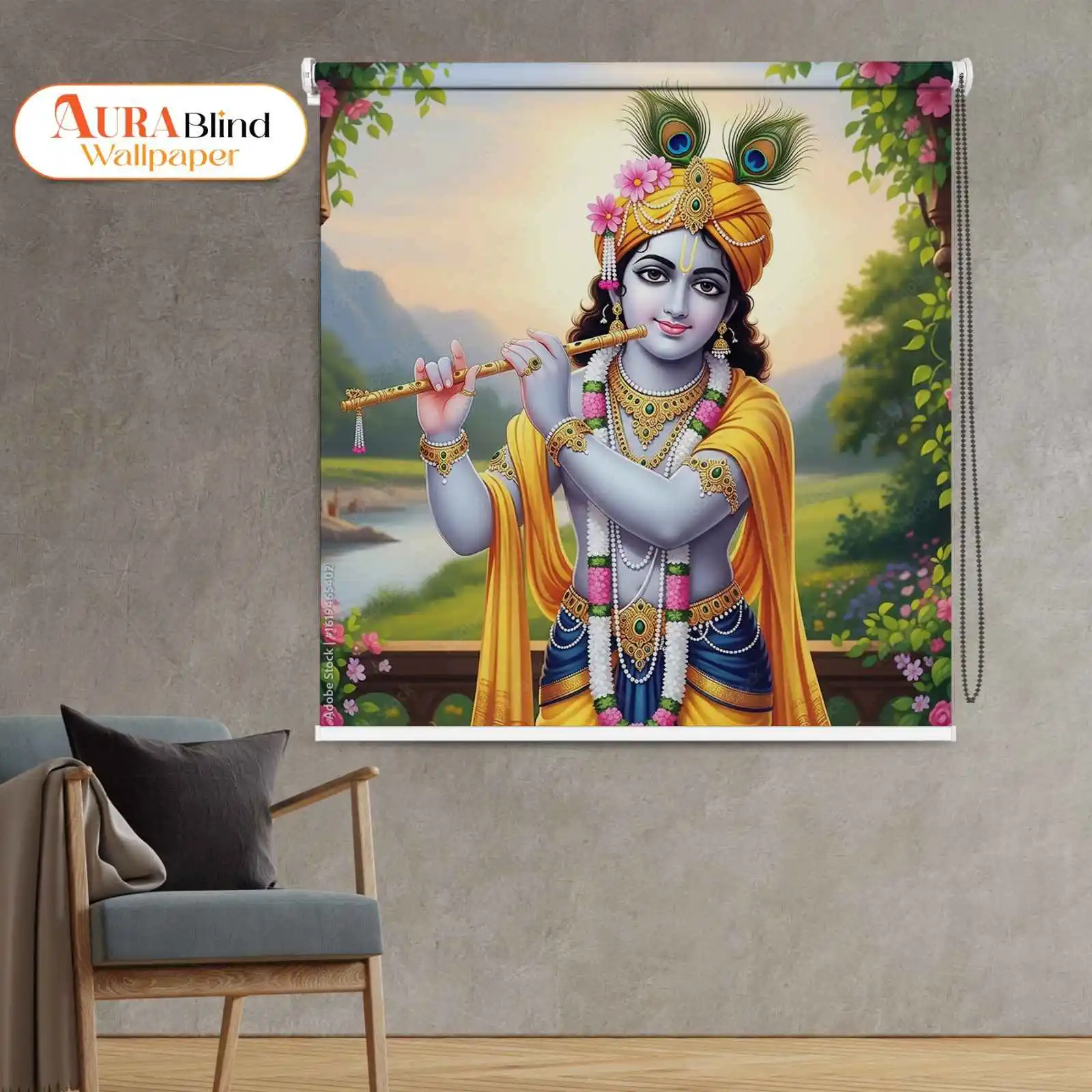 Elegant Lord Krishna Playing Flute Roller Blinds for Mandir and Pooja room