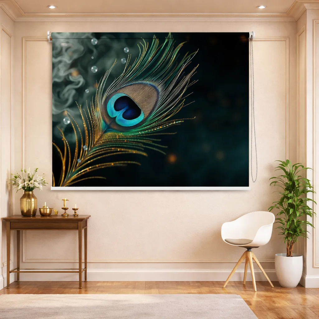 Gold and Teal Design Peacock Feather Roller Blind for Pooja Room