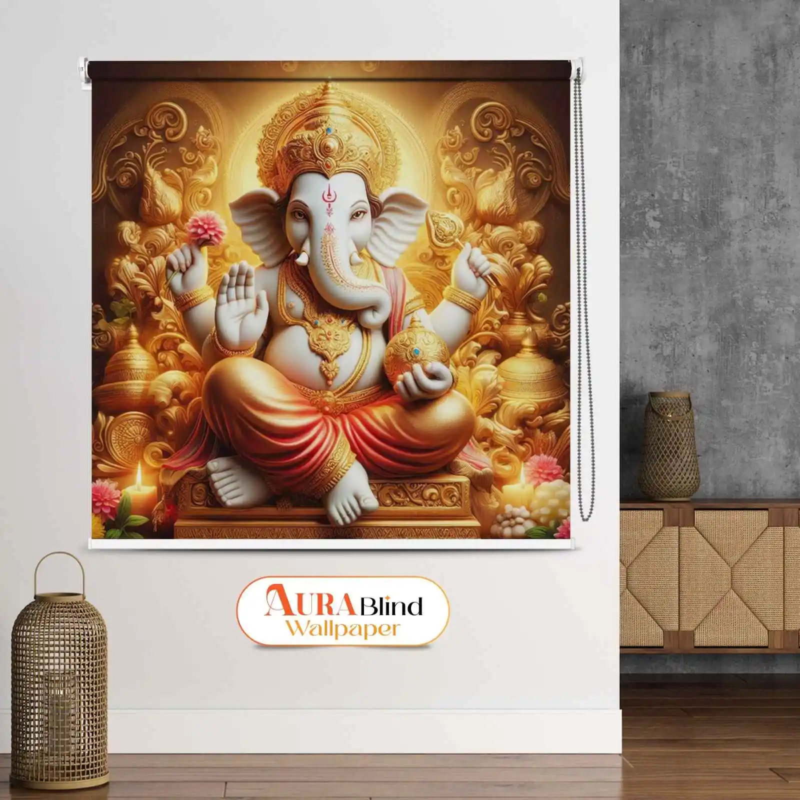 Golden Bhagwan Ganesha Roller Blind for Temple and Puja Room