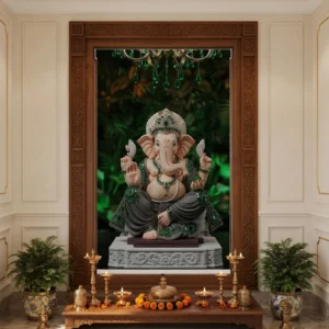Green Jewel Design Ganesh Roller Blind for Prayer Room Decor