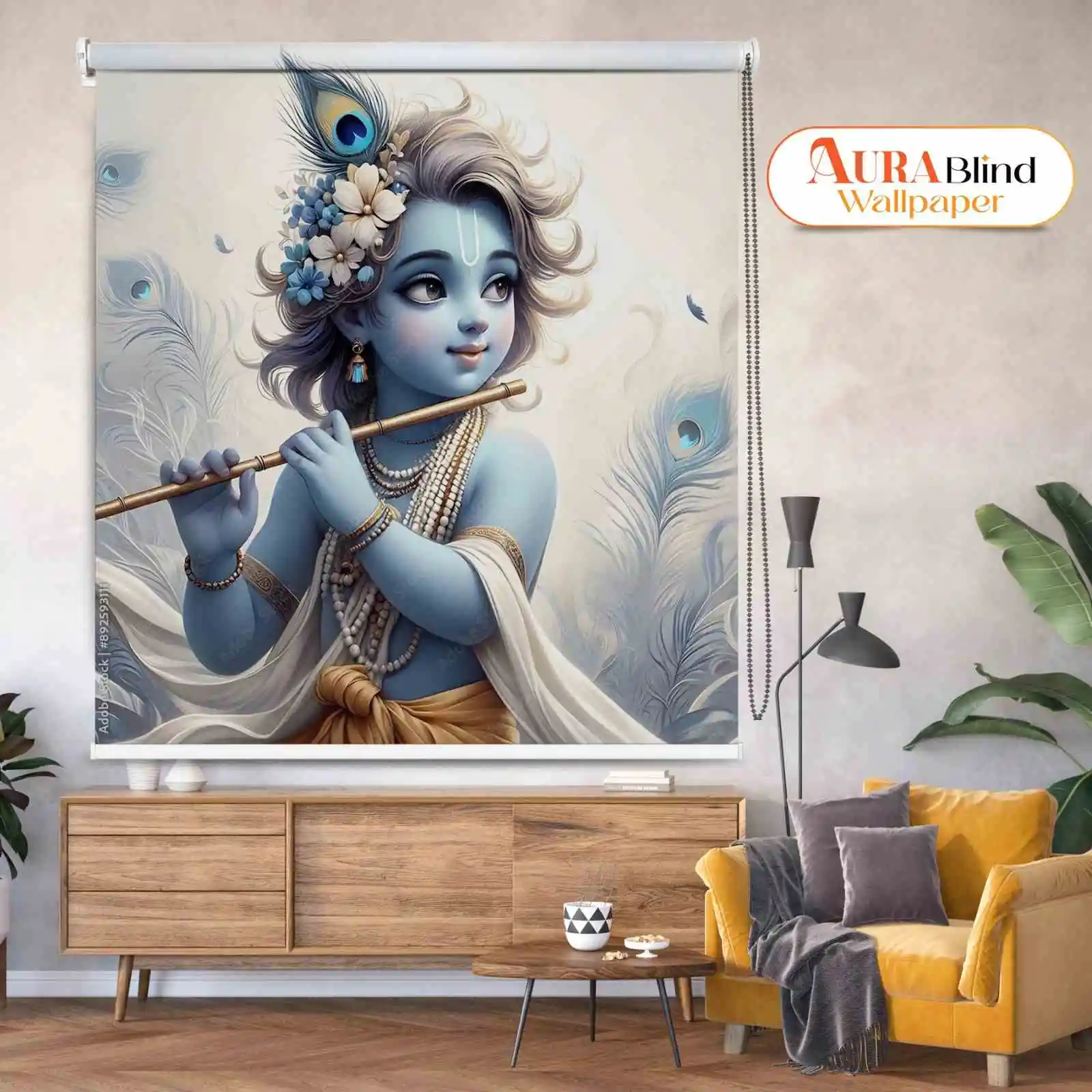 Little Krishna Temple Roller Blind with Flute and Peacock Feather Design