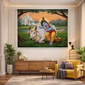 Home Decor Items Online at Best Price in India 9 Little Krishna with Cow Roller Blinds for Temple and Pooja Room