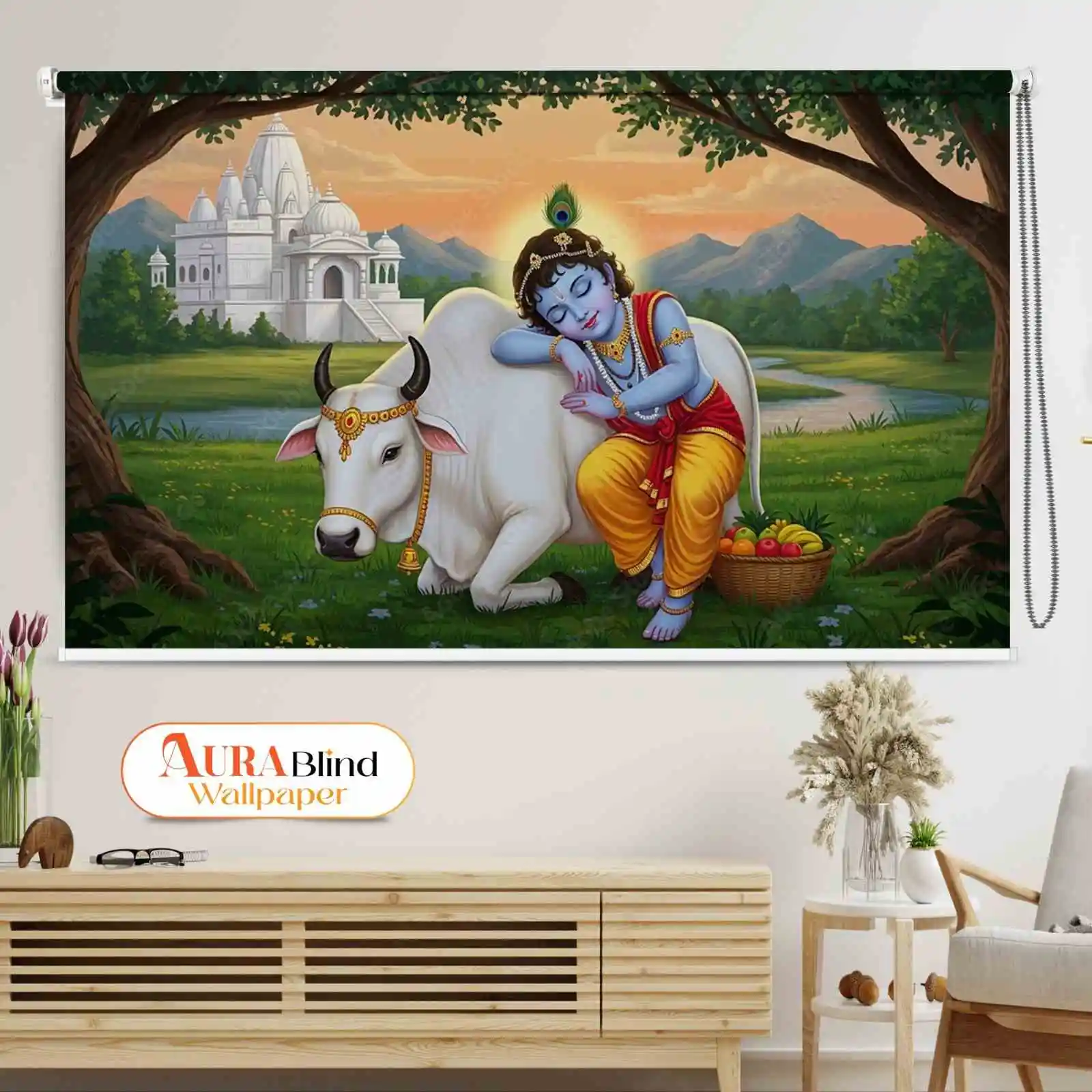 Little Krishna resting with Roller Blinds for Temple and Pooja Room