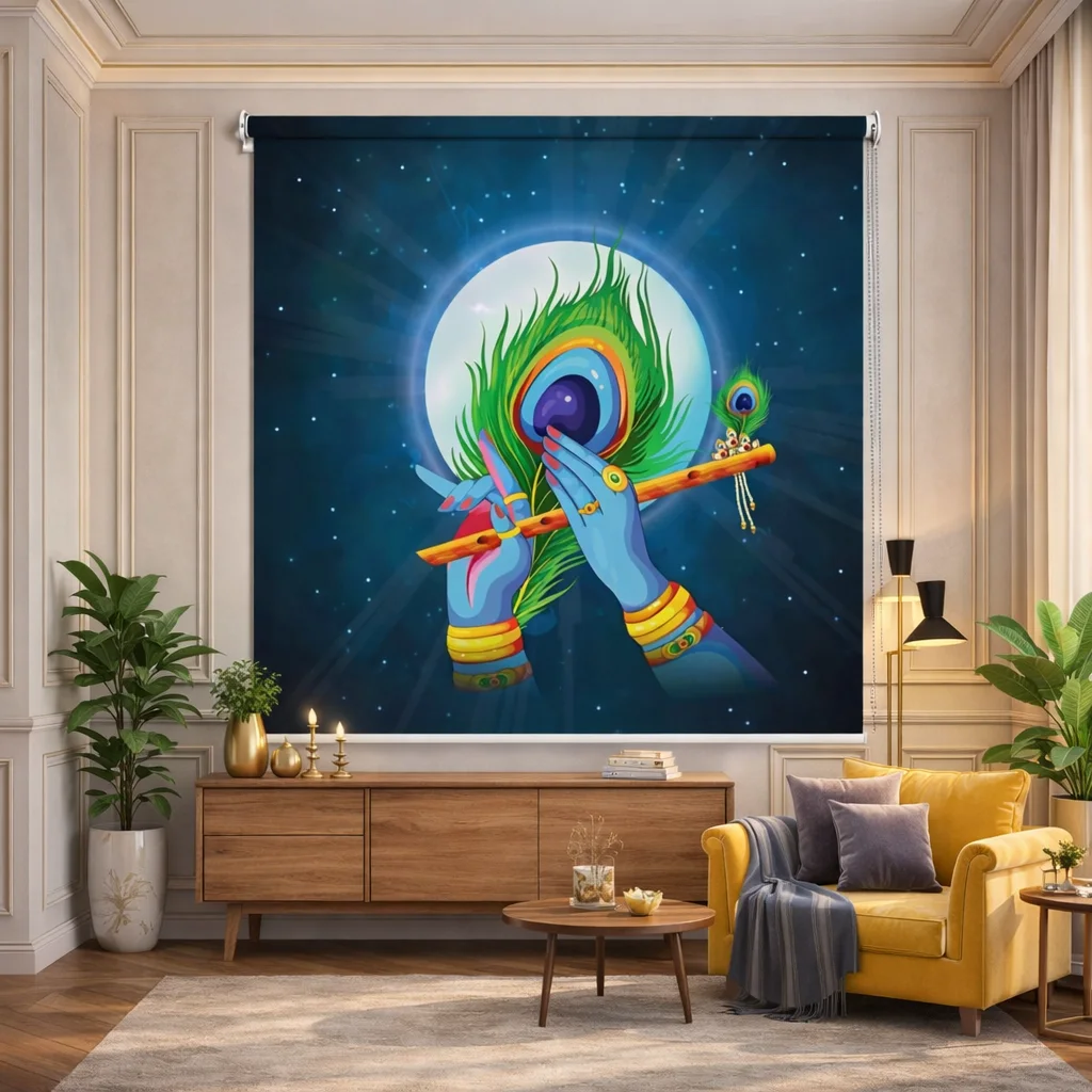 Lord Krishna Flute & Peacock Feather Temple Roller Blind 1 Lord Krishna Flute & Peacock Feather Temple Roller Blind