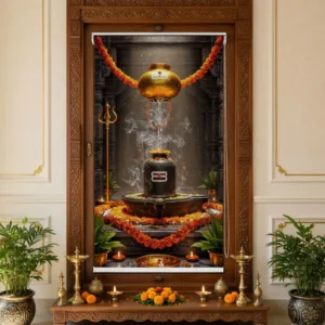 Lord Shiva Pooja Room Roller Blind with Shivling jal Abhishek view