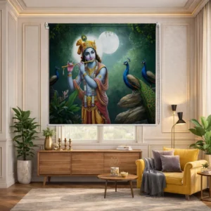 Moonlight Krishna Pooja Room Roller Blind with Flute and Peacock Design