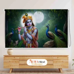 Moonlight Krishna Pooja Room Roller Blind with Flute and Peacock Design
