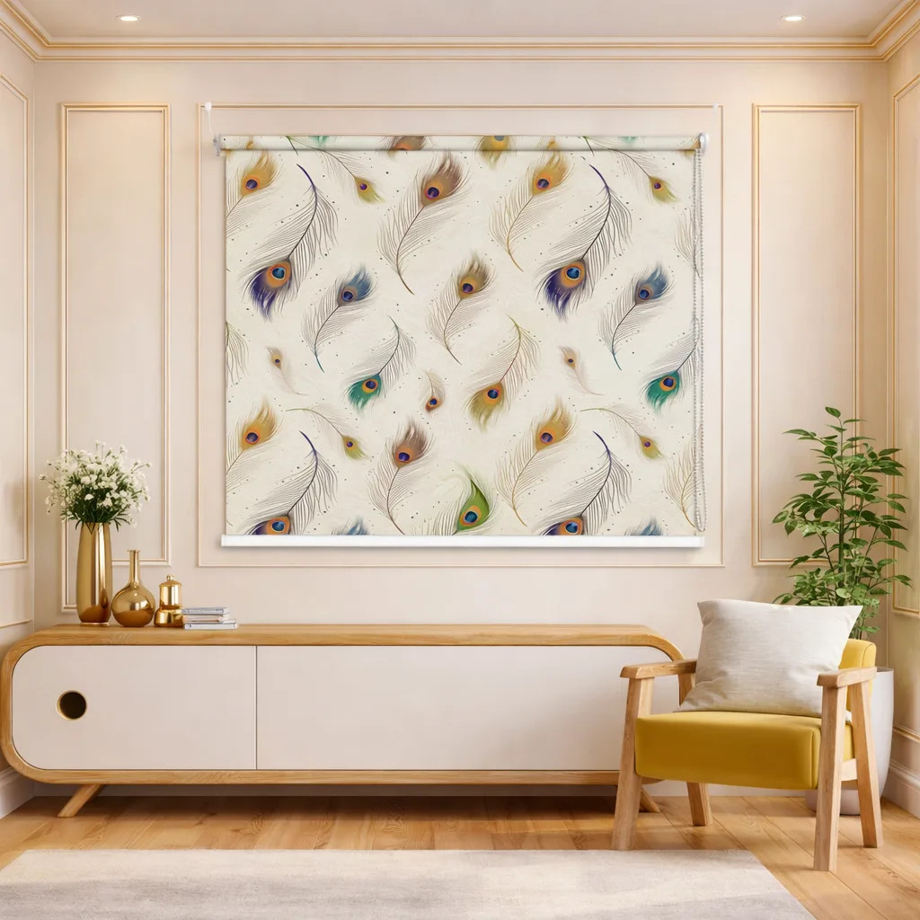 Mor Pankh (Peacock Feather) Pattern Pooja Room Roller Blinds 1 Mor Pankh (Peacock Feather) Pattern Pooja Room Roller Blind