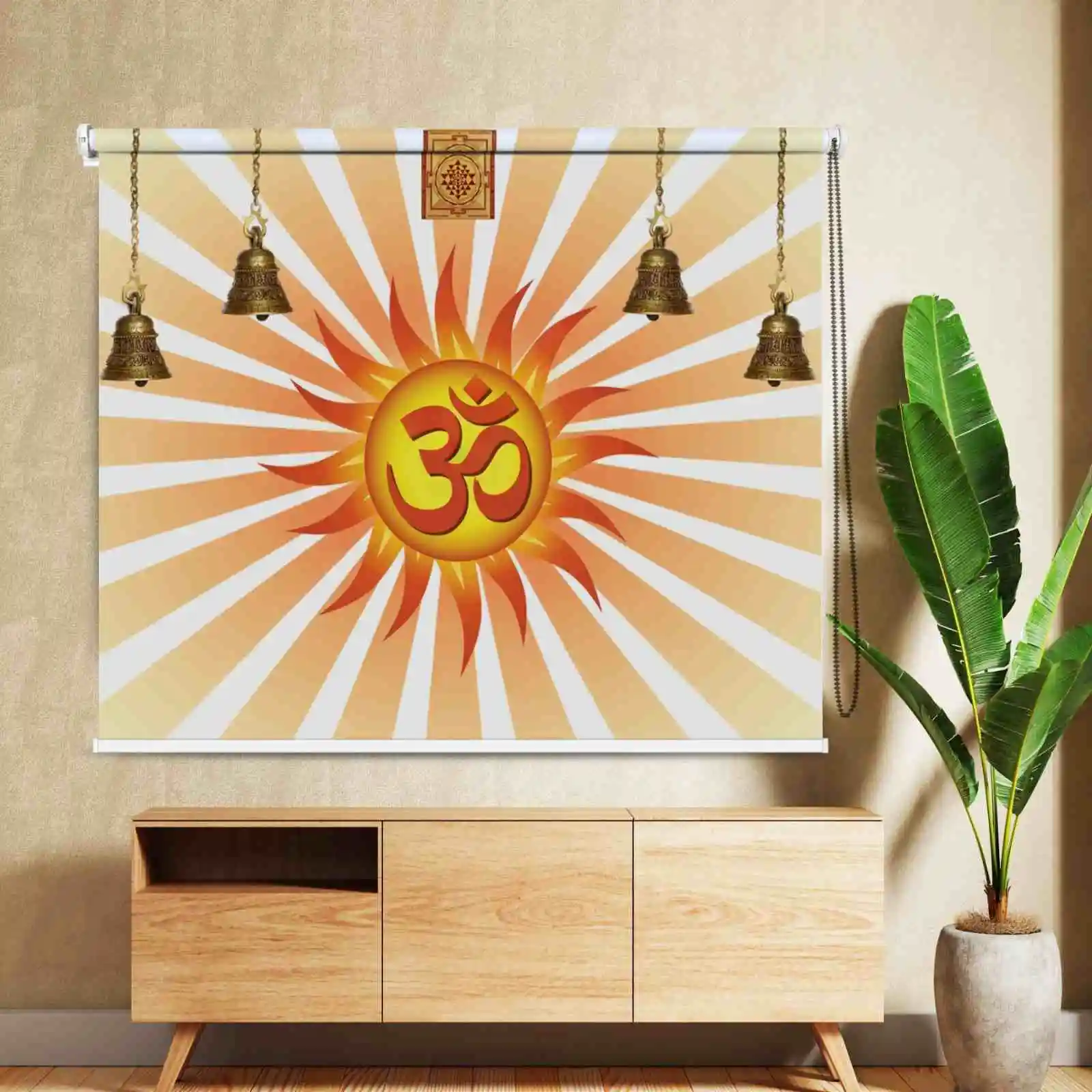 ॐ sun rays Temple roller blind with Temple bells for meditation and spiritual home décor