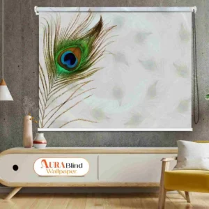 Custom Peacock Feather (Mor Pankh) Design Roller Blinds for Pooja Room, featuring a colorful, repeating Mor Pankh (peacock feather) pattern on a light neutral background