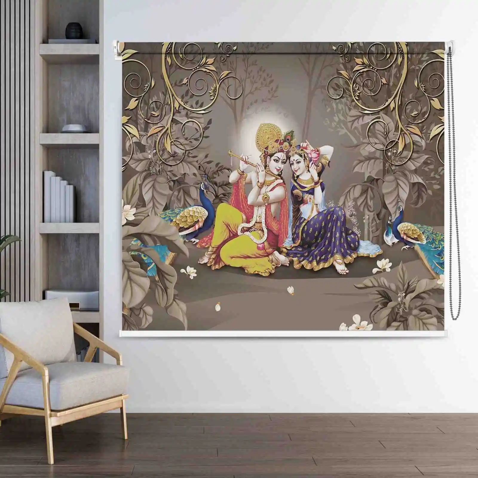 Radha Krishna Pooja Room and Mandir Decor roller blind with peacock design