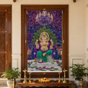 Royal Peacock Ganesha Pooja Room Roller Blind with Lotus & Floral
