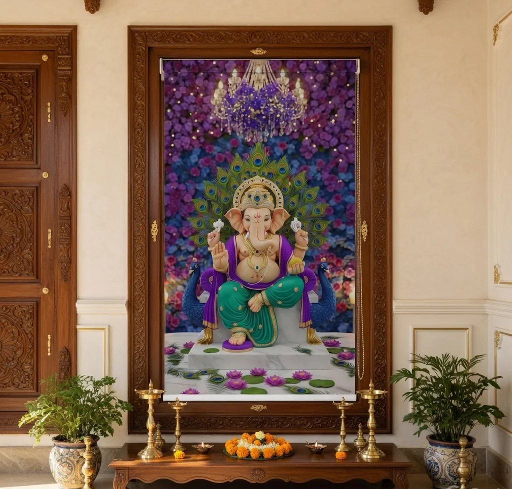 Royal Peacock Ganesha Pooja Room Roller Blind with Lotus & Floral 1 Royal Peacock Ganesha Pooja Room Roller Blind with Lotus & Floral