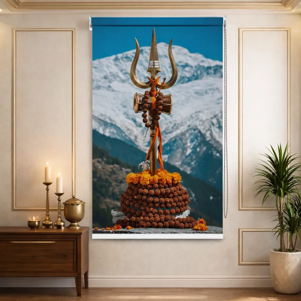 Rudraksha Garland Shiv Trishul Roller Blind with Himalayan View