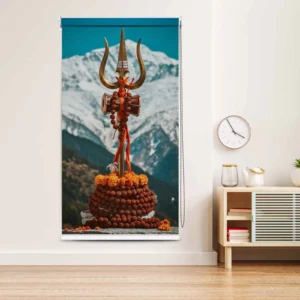 Rudraksha Garland Shiv Trishul Roller Blind with Himalayan View