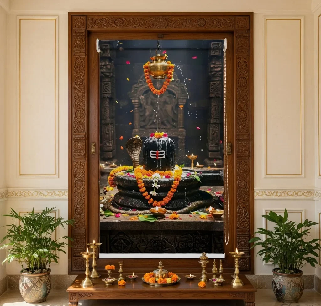 Shivling Pooja Room Roller Blinds with Snake and Abhishek Pot 1 Shivling Pooja Room Roller Blinds with Snake and Abhishek Pot